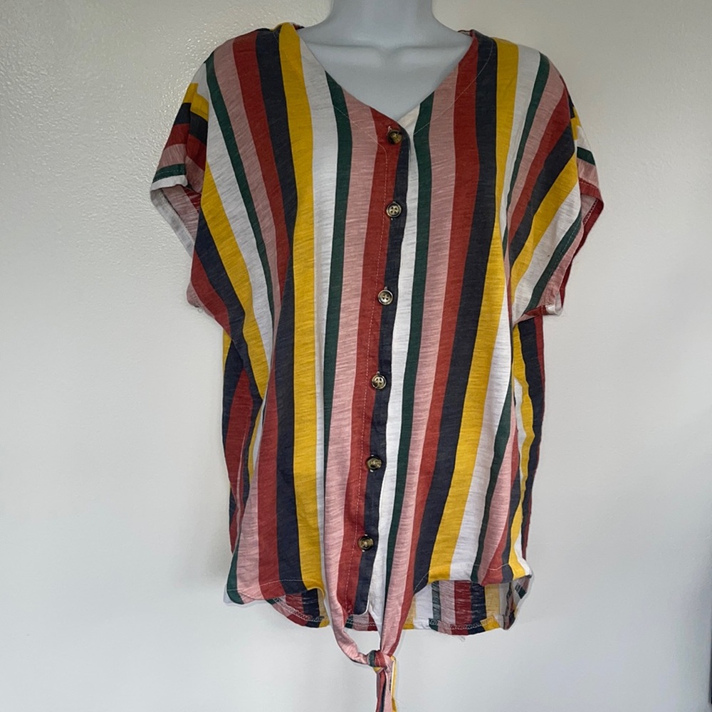 Womens vneck shirt blouse colorful stripes top plus size 1X SEE FLAWS